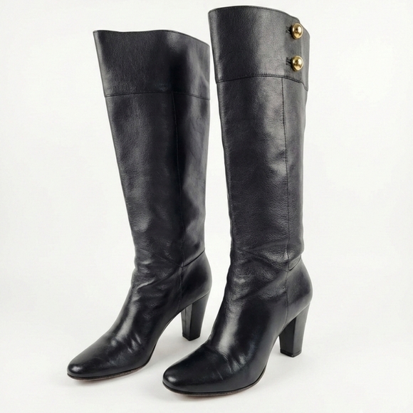 Kate Spade BELINDA Black Leather Tall Knee High Boots Gold Button Red Lining 8.5